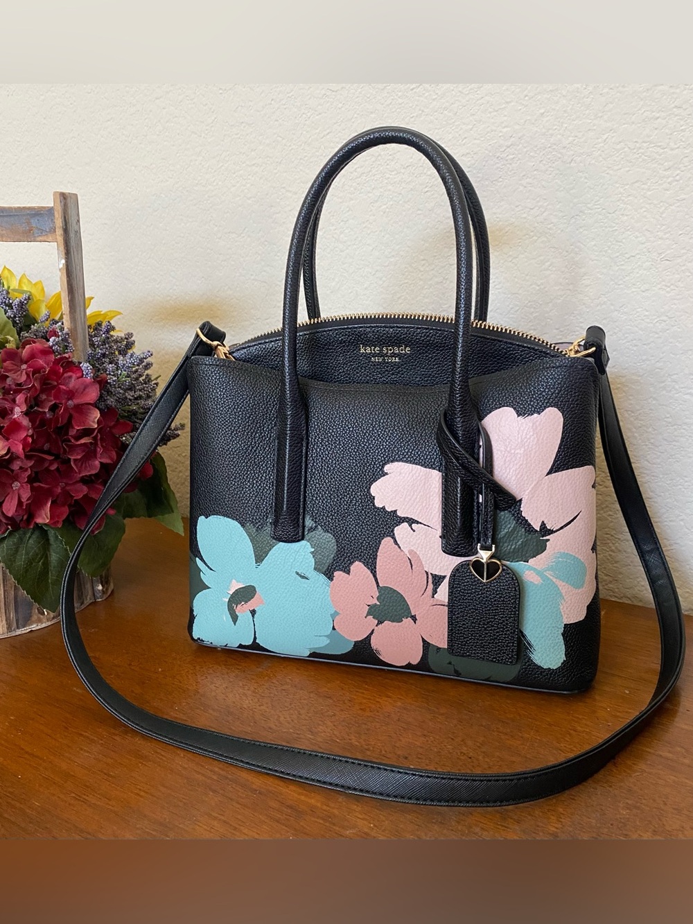 Kate Spade Black Pebbled Leather Brush Bloom Margaux Medium Satchel Bag $298